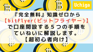 たくさんのビットコインのイラストの前に『『完全無料』知識ゼロから【bitFlyer(ビットフライヤー)】 で口座開設する５つの手順をていねいに解説します。【超初心者向け】」と表示されている。