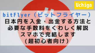 赤いビットコインの画像の前に『bitFlyer（ビットフライヤー）日本円を入金・出金する方法と必要な手数料をくわしく解説 スマホで完結します(超初心者向け）』と記載されている。